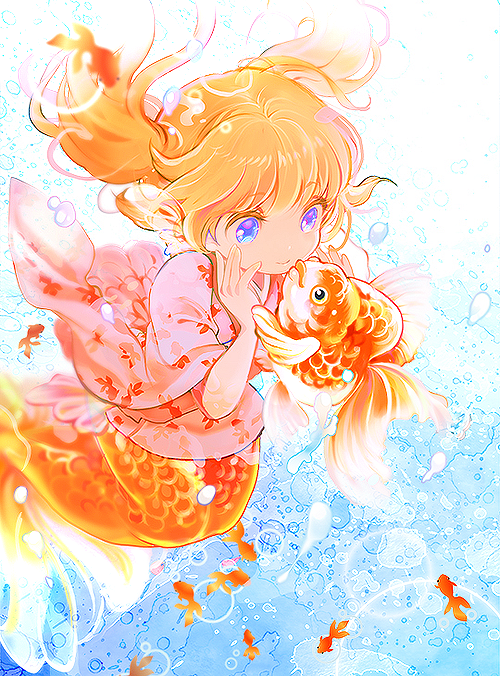 sea mermaid goldfish anime animegirl colorful cute